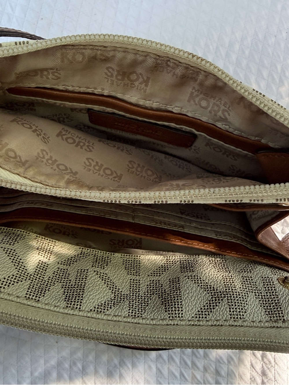 Michael Kors Cream Logo Crossbody with Brown Strap and Gold MK Emblem - Picture 5 of 12